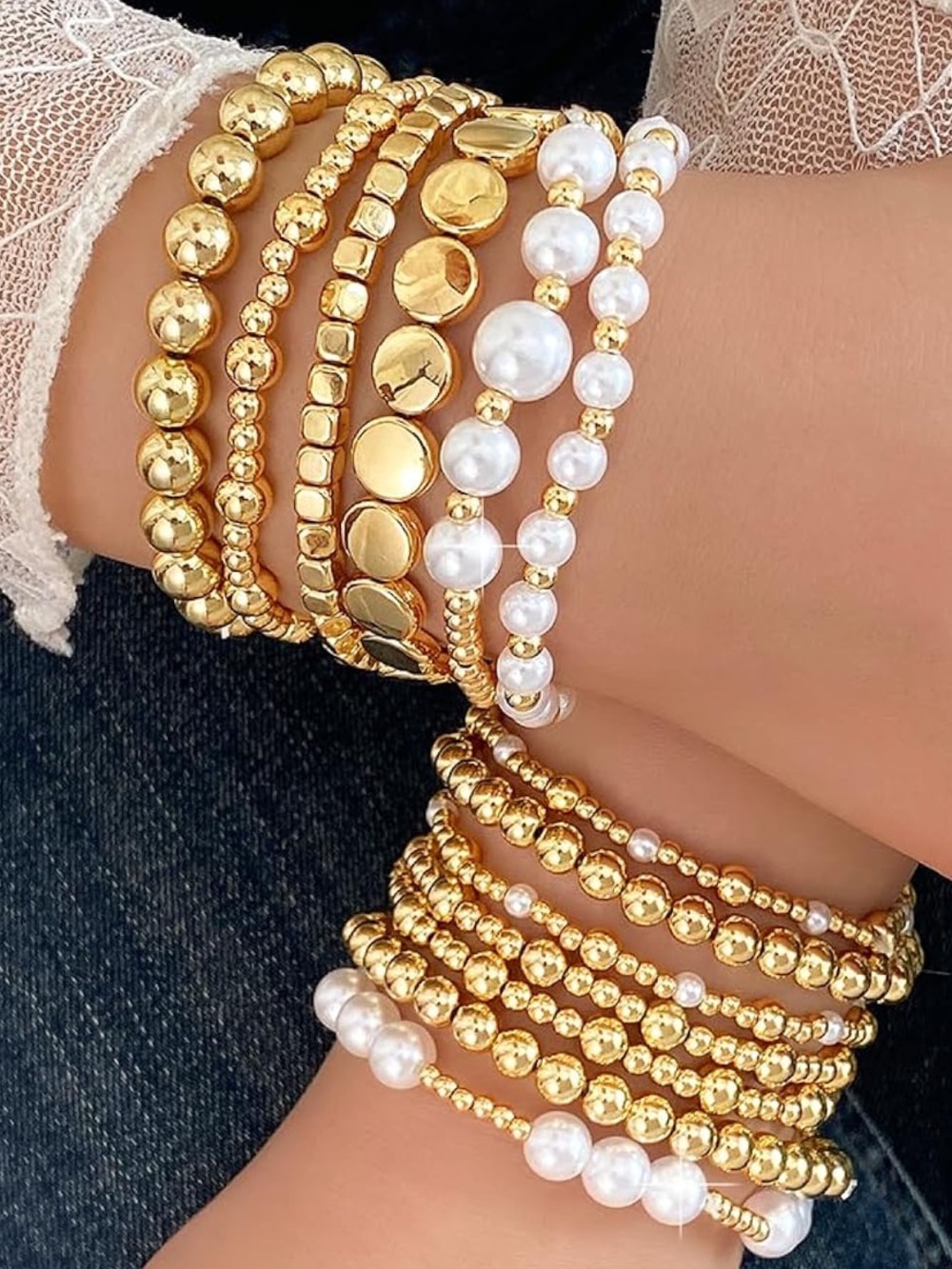 Anthropologie Gold and White Pearl Multi-Strand Stretch Bracelet Set